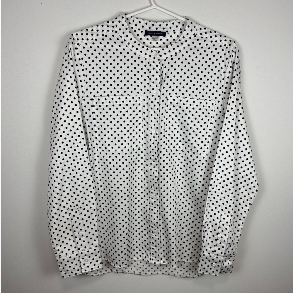 Tommy Hilfiger Womens White Black Polka Dot Band Collar Button Down Shirt L